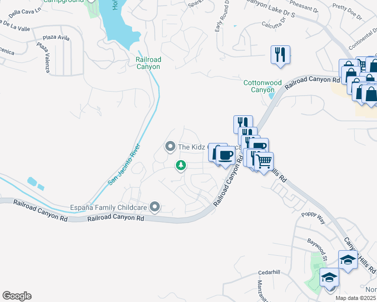 map of restaurants, bars, coffee shops, grocery stores, and more near 24454 Parker Drive in Lake Elsinore