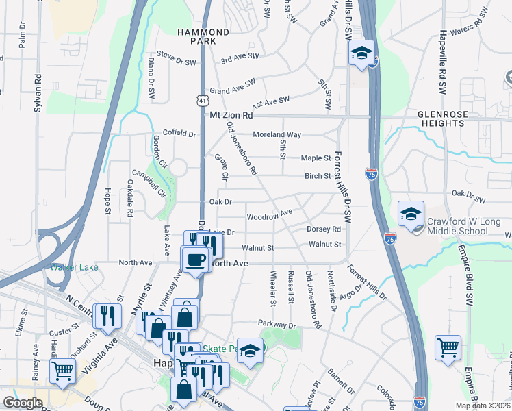 map of restaurants, bars, coffee shops, grocery stores, and more near 3070 Jackson Street in Hapeville