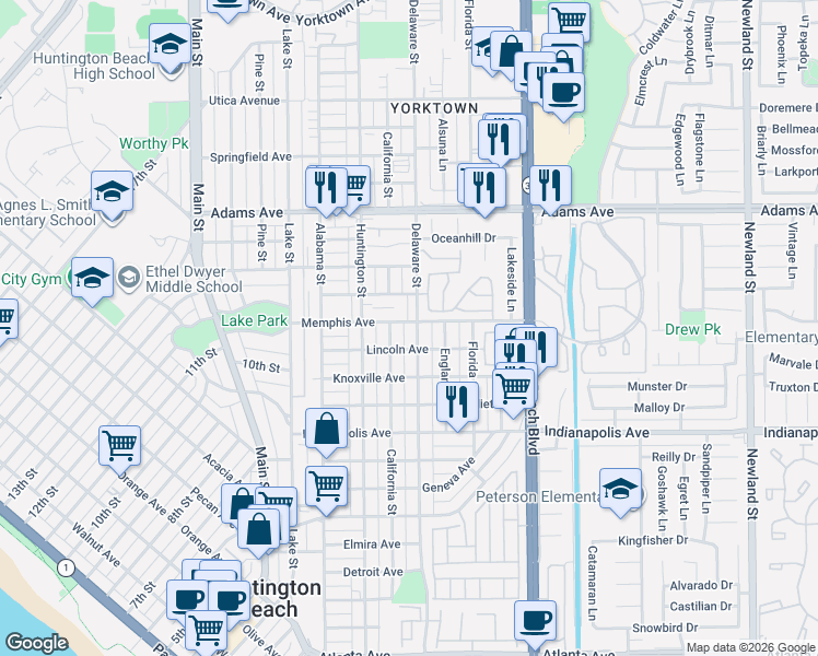 map of restaurants, bars, coffee shops, grocery stores, and more near 1219 Delaware Street in Huntington Beach
