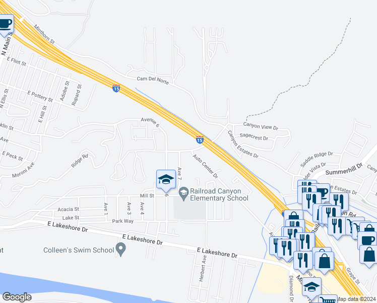 map of restaurants, bars, coffee shops, grocery stores, and more near Franklin Street in Lake Elsinore