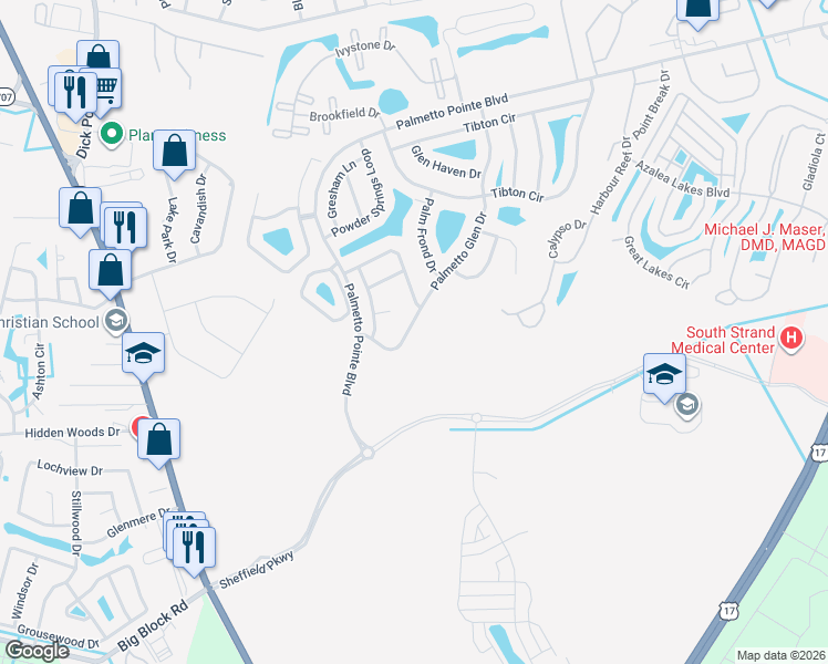 map of restaurants, bars, coffee shops, grocery stores, and more near 708 Austell Court in Myrtle Beach
