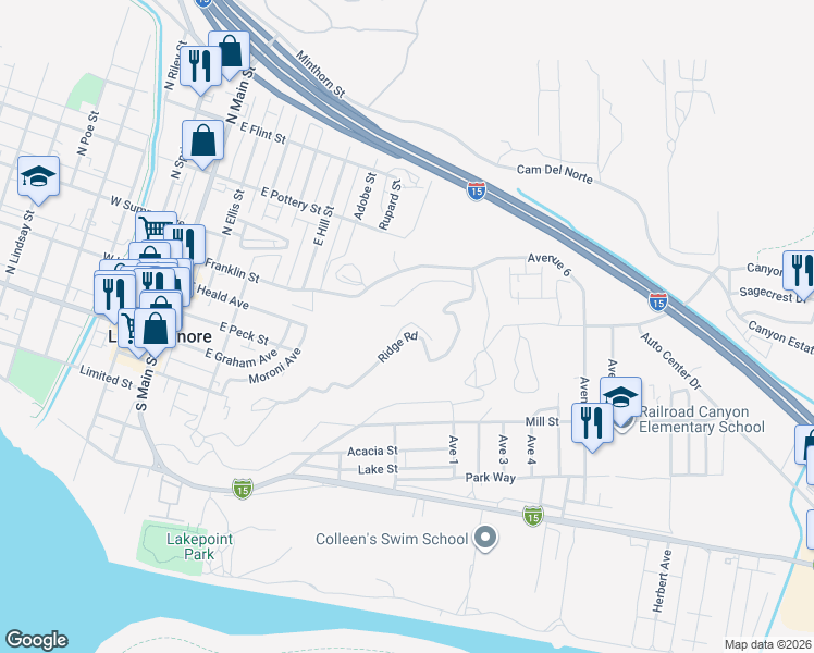 map of restaurants, bars, coffee shops, grocery stores, and more near Summit Drive in Lake Elsinore