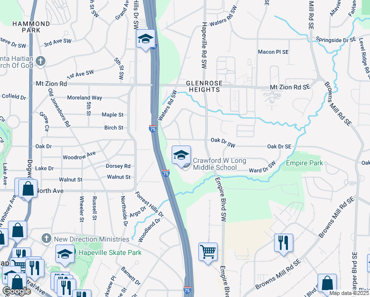 map of restaurants, bars, coffee shops, grocery stores, and more near 3168 Latona Drive Southwest in Atlanta