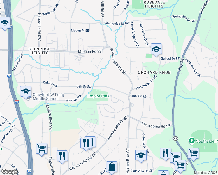map of restaurants, bars, coffee shops, grocery stores, and more near 319 Oak Drive Southeast in Atlanta