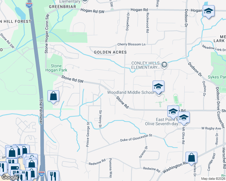 map of restaurants, bars, coffee shops, grocery stores, and more near 3108 Steinbeck Way in East Point