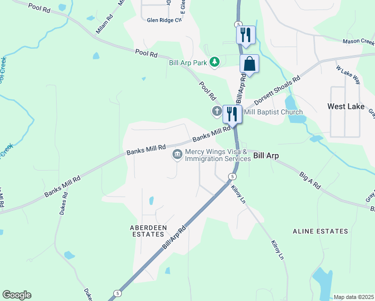 map of restaurants, bars, coffee shops, grocery stores, and more near 7181 Banks Mill Road in Douglasville