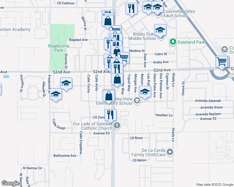 map of restaurants, bars, coffee shops, grocery stores, and more near 52226 Cesar Chavez Street in Coachella