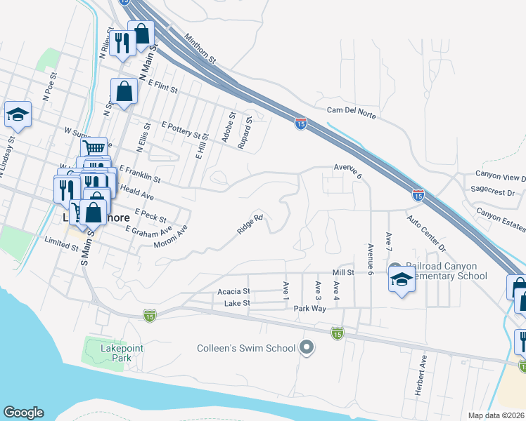 map of restaurants, bars, coffee shops, grocery stores, and more near Summit Drive in Lake Elsinore