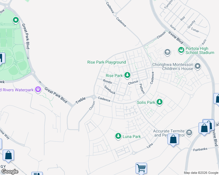 map of restaurants, bars, coffee shops, grocery stores, and more near 168 Sawbuck in Irvine