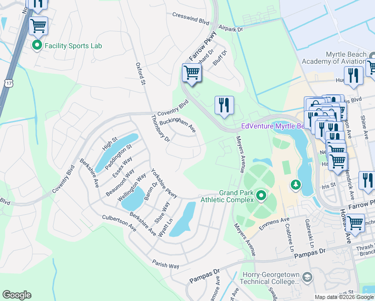 map of restaurants, bars, coffee shops, grocery stores, and more near 1640 Thornbury Drive in Myrtle Beach