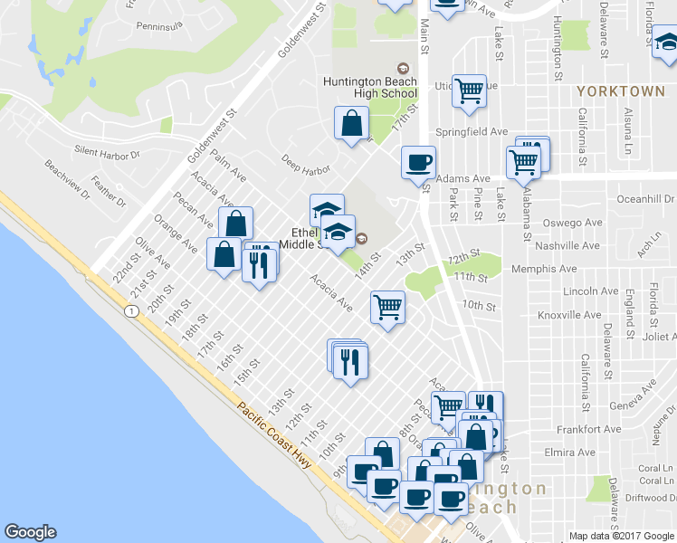 map of restaurants, bars, coffee shops, grocery stores, and more near 622 15th Street in Huntington Beach