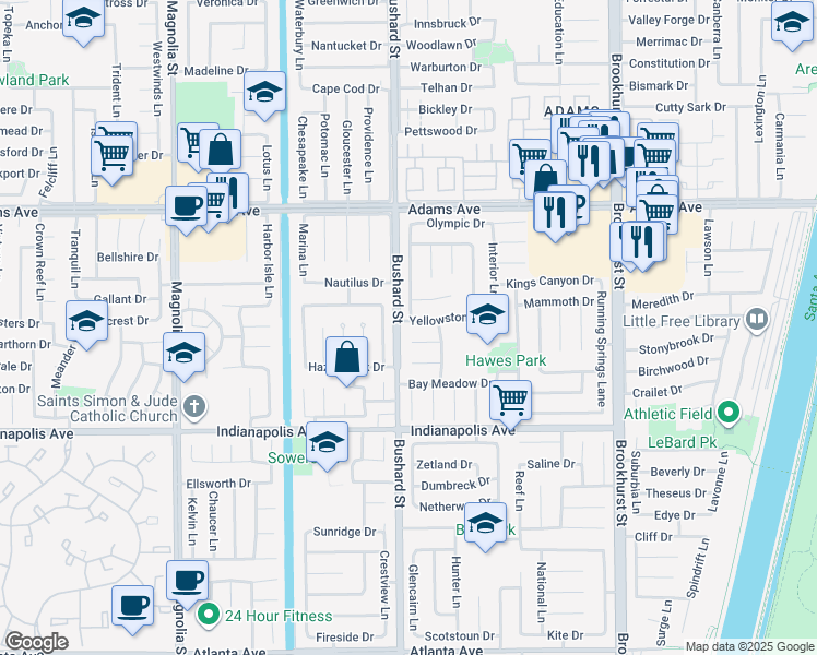 map of restaurants, bars, coffee shops, grocery stores, and more near 9522 Yellowstone Drive in Huntington Beach