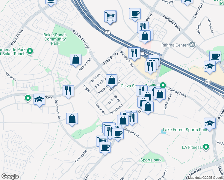 map of restaurants, bars, coffee shops, grocery stores, and more near 20621 Lake Forest Drive in Lake Forest