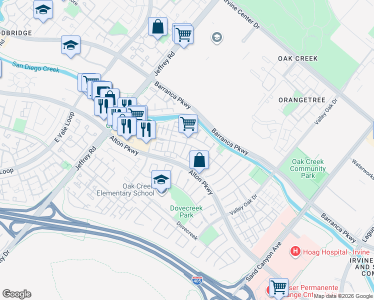 map of restaurants, bars, coffee shops, grocery stores, and more near 1307 Elmhurst in Irvine