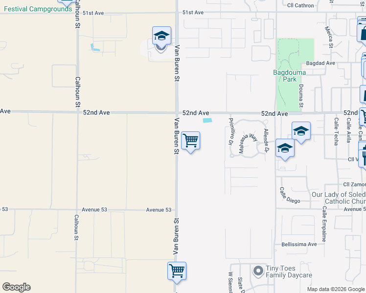map of restaurants, bars, coffee shops, grocery stores, and more near 52500 Van Buren Street in Coachella