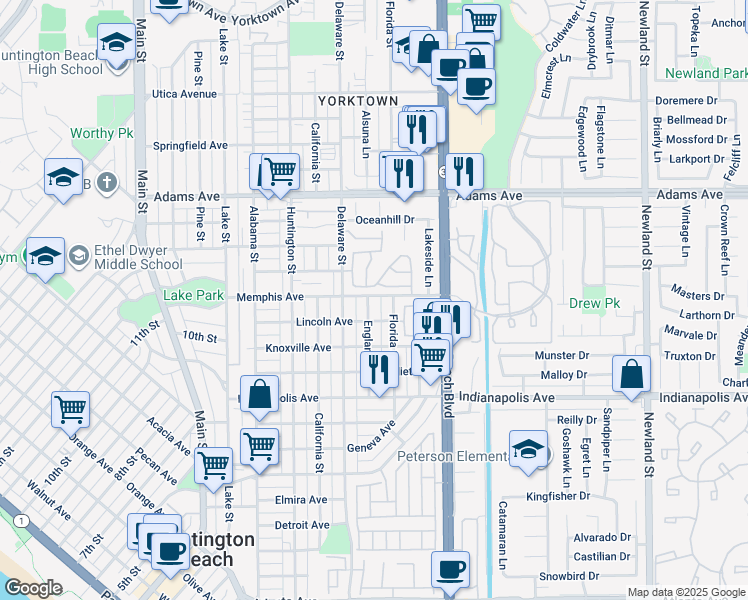 map of restaurants, bars, coffee shops, grocery stores, and more near 1220 England Street in Huntington Beach