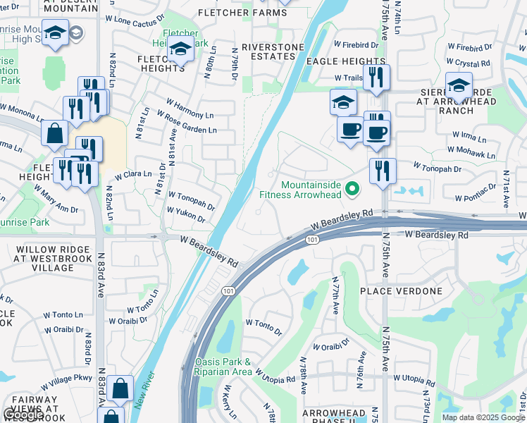 map of restaurants, bars, coffee shops, grocery stores, and more near 20240 North 78th Avenue in Glendale