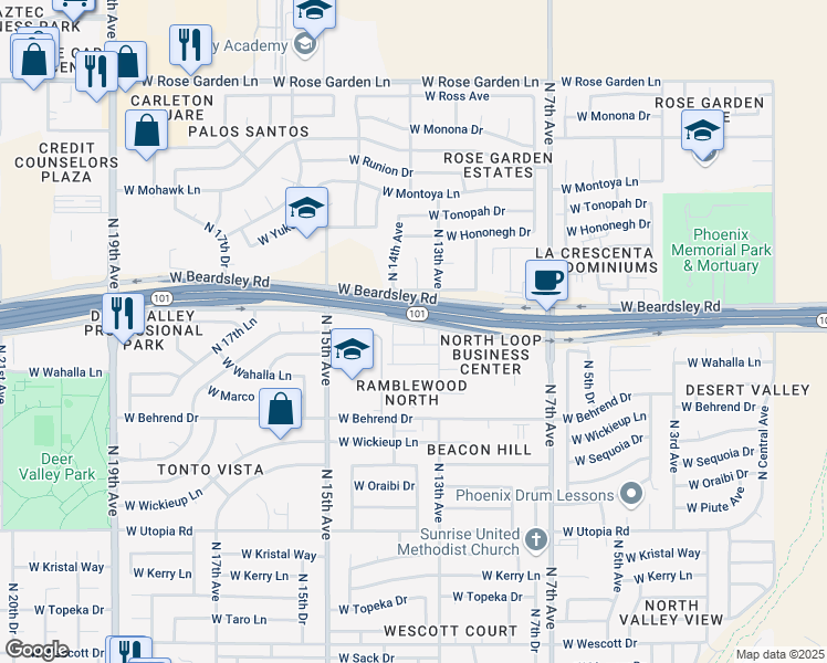 map of restaurants, bars, coffee shops, grocery stores, and more near 1311 West Pontiac Drive in Phoenix