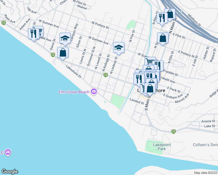 map of restaurants, bars, coffee shops, grocery stores, and more near 109 South Lindsay Street in Lake Elsinore