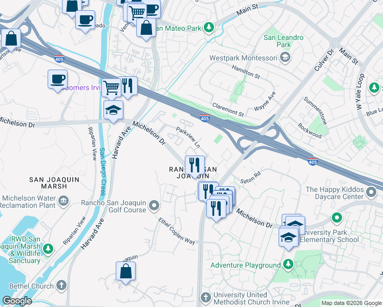 map of restaurants, bars, coffee shops, grocery stores, and more near 3800 Parkview Lane in Irvine