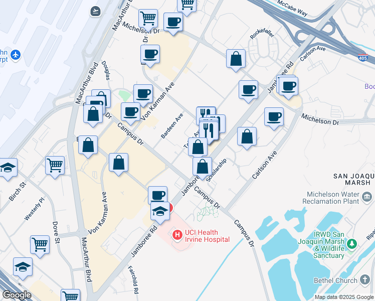 map of restaurants, bars, coffee shops, grocery stores, and more near 18871 Teller Avenue in Irvine