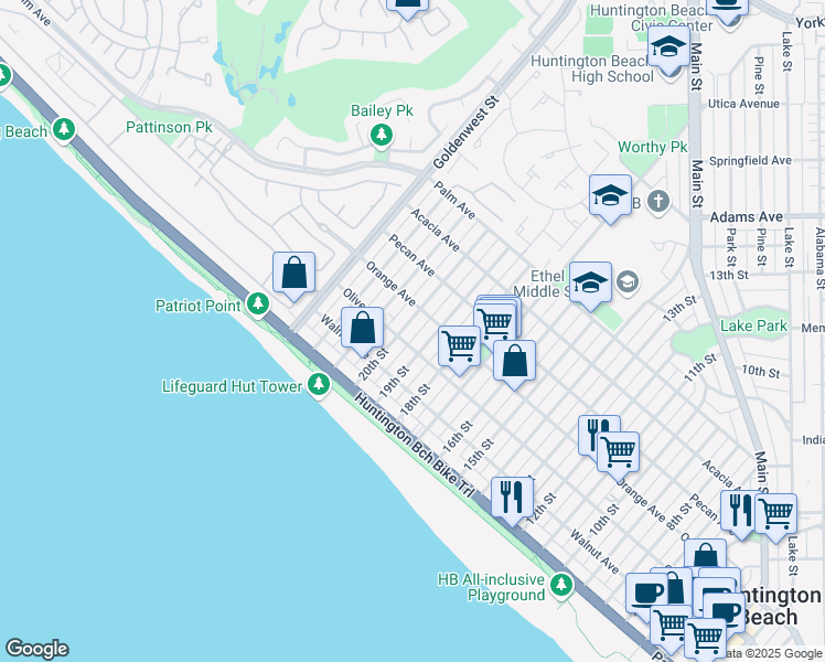 map of restaurants, bars, coffee shops, grocery stores, and more near 325 20th Street in Huntington Beach