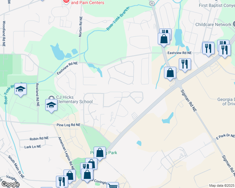 map of restaurants, bars, coffee shops, grocery stores, and more near 2019 Briar Creek Court Northeast in Conyers
