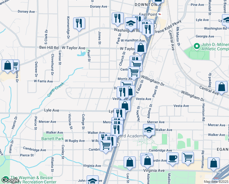 map of restaurants, bars, coffee shops, grocery stores, and more near 3172 Church Street in East Point