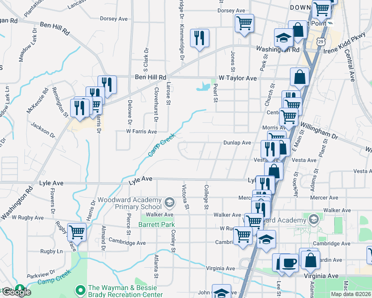 map of restaurants, bars, coffee shops, grocery stores, and more near 1955 Dunlap Avenue in East Point