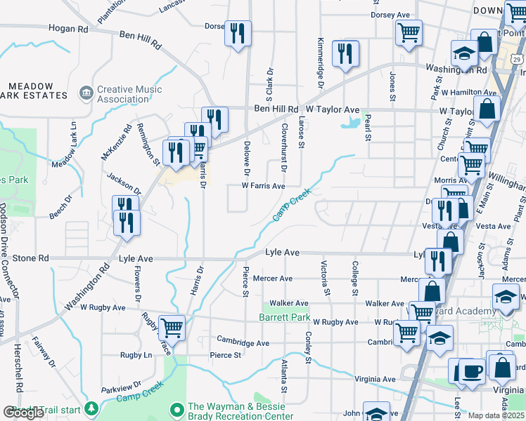 map of restaurants, bars, coffee shops, grocery stores, and more near 3197 Cloverhurst Drive in East Point