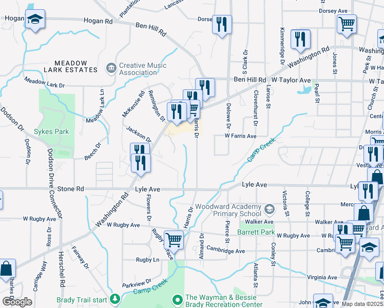 map of restaurants, bars, coffee shops, grocery stores, and more near 3205 Harris Drive in East Point