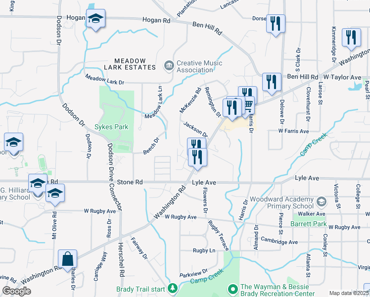 map of restaurants, bars, coffee shops, grocery stores, and more near 3140 McKenzie Road in Atlanta