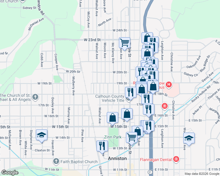 map of restaurants, bars, coffee shops, grocery stores, and more near 209 19th Street in Anniston