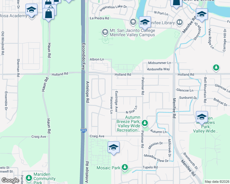 map of restaurants, bars, coffee shops, grocery stores, and more near 28267 Overland Court in Menifee