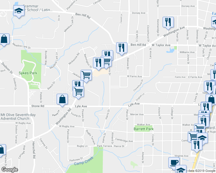 map of restaurants, bars, coffee shops, grocery stores, and more near 3205 Harris Drive in East Point