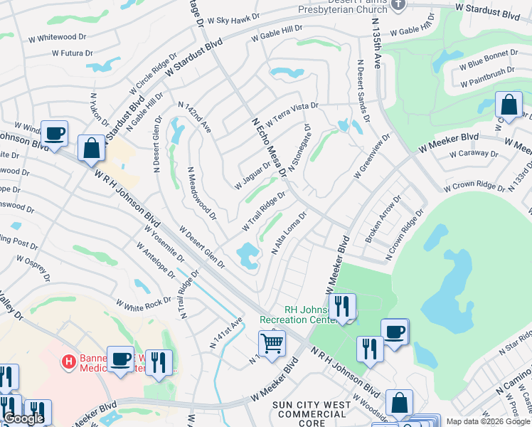 map of restaurants, bars, coffee shops, grocery stores, and more near 13915 West Trail Ridge Drive in Sun City West