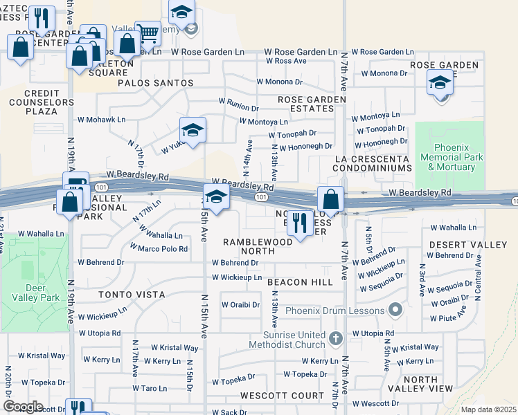 map of restaurants, bars, coffee shops, grocery stores, and more near 1311 West Pontiac Drive in Phoenix