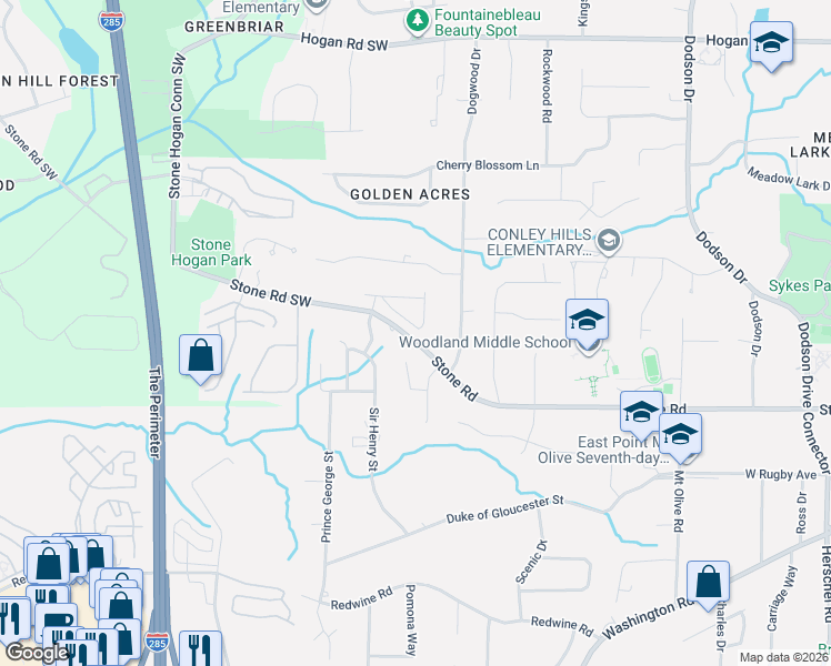 map of restaurants, bars, coffee shops, grocery stores, and more near 3108 Steinbeck Way in East Point