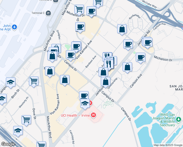map of restaurants, bars, coffee shops, grocery stores, and more near 1000 Elements Way in Irvine