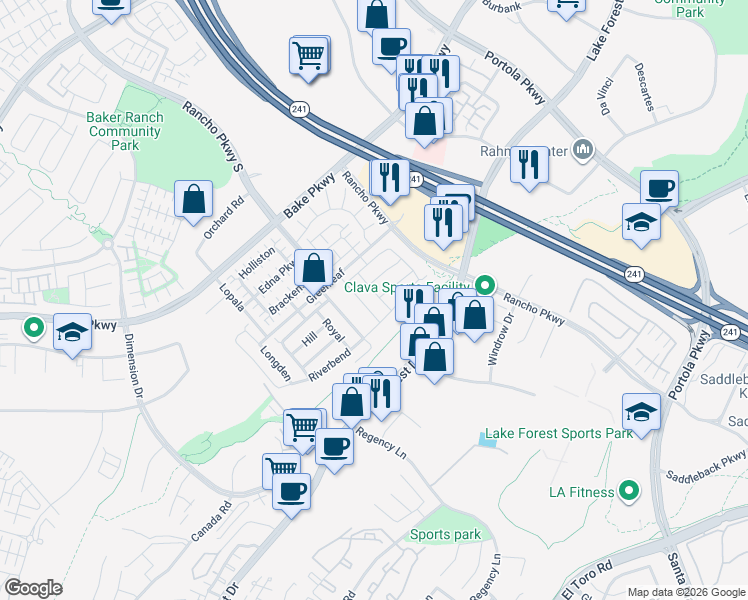 map of restaurants, bars, coffee shops, grocery stores, and more near 171 Bear Leaf in Lake Forest