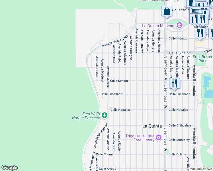 map of restaurants, bars, coffee shops, grocery stores, and more near 52255 Avenida Juarez in La Quinta