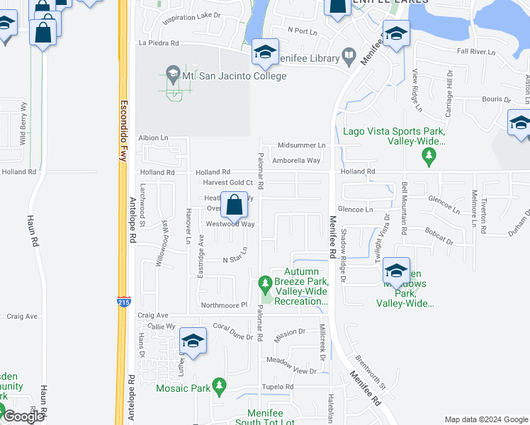 map of restaurants, bars, coffee shops, grocery stores, and more near 31148 Palomar Road in Menifee