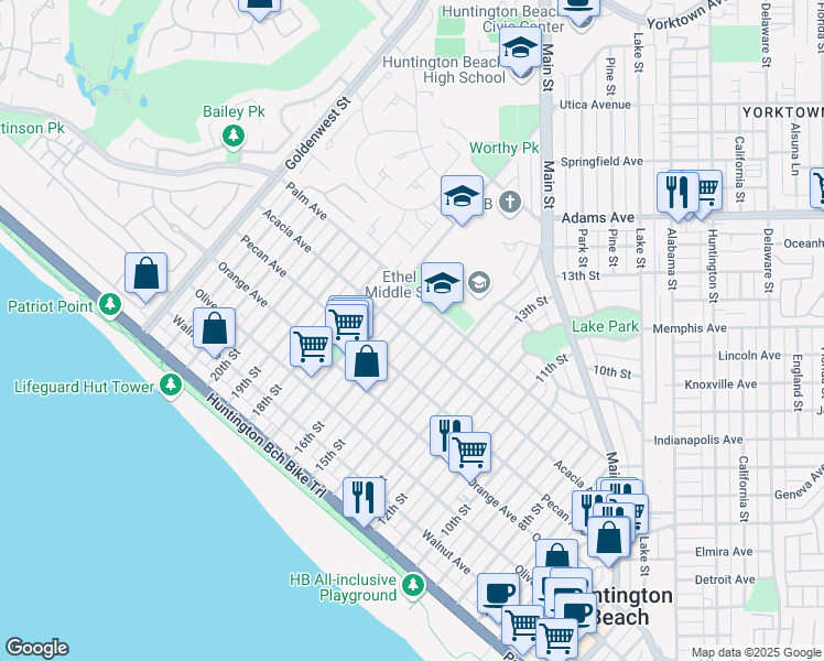 map of restaurants, bars, coffee shops, grocery stores, and more near 604 16th Street in Huntington Beach