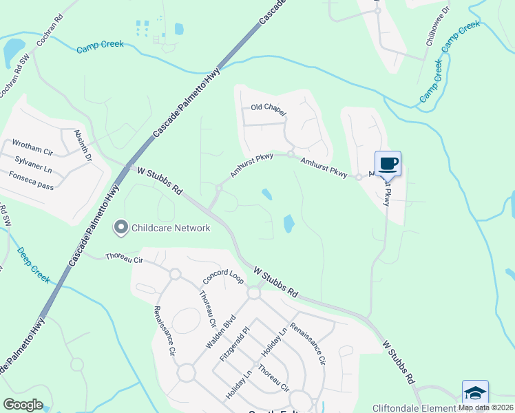 map of restaurants, bars, coffee shops, grocery stores, and more near 3225 Blackwood Lane in College Park