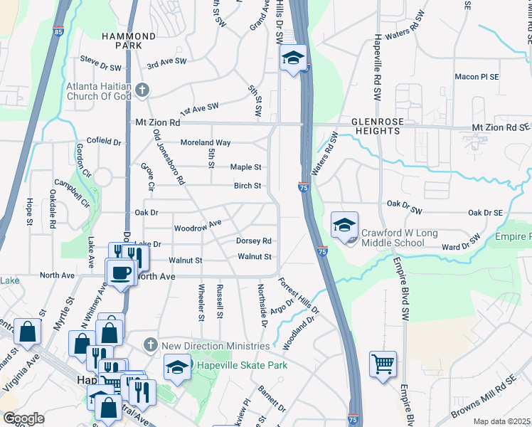 map of restaurants, bars, coffee shops, grocery stores, and more near 356 Lake Drive in Hapeville