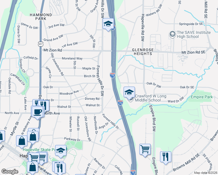 map of restaurants, bars, coffee shops, grocery stores, and more near 3200 Forrest Hills Drive in Hapeville