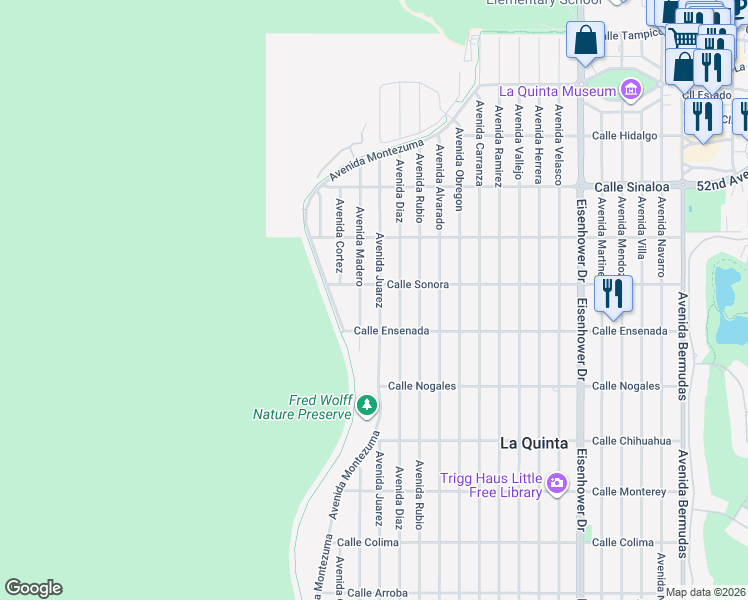 map of restaurants, bars, coffee shops, grocery stores, and more near 52255 Avenida Juarez in La Quinta
