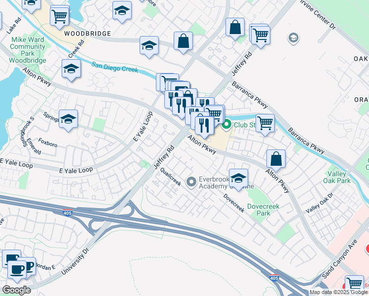 map of restaurants, bars, coffee shops, grocery stores, and more near 124 Cherrybrook Lane in Irvine