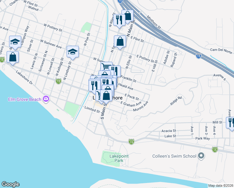 map of restaurants, bars, coffee shops, grocery stores, and more near 132 East Peck Street in Lake Elsinore