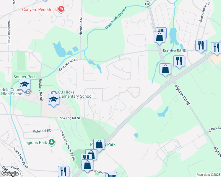 map of restaurants, bars, coffee shops, grocery stores, and more near 2012 Briar Creek Court Northeast in Conyers